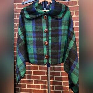 MIRABEAU Scottish Blue Green Plaid Faux Button Pullover Cape Poncho NEW O/S